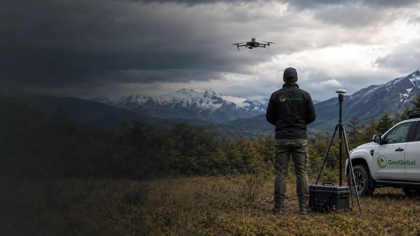Profesional de GeoGlobal en terreno con chaqueta corporativa, dron, D-RTK 3 y vehículo de apoyo
